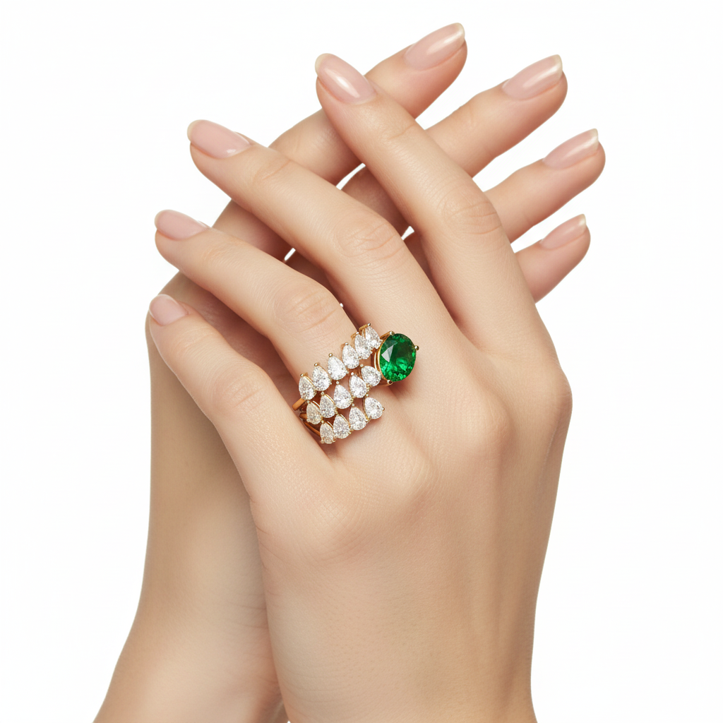 Female model wearing delicate emerald and diamond cocktail ring