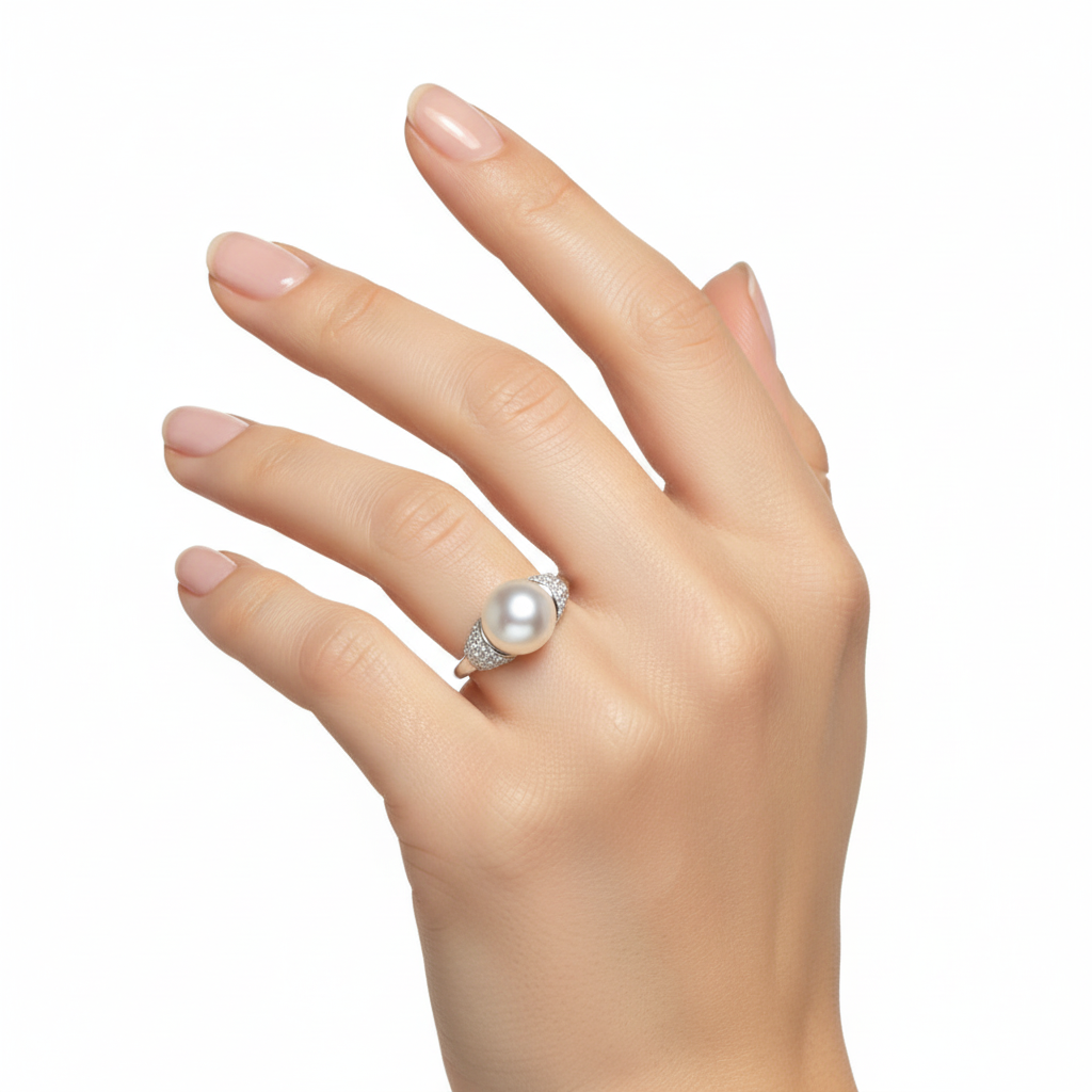Female model wearing delicate pearl and diamond ring