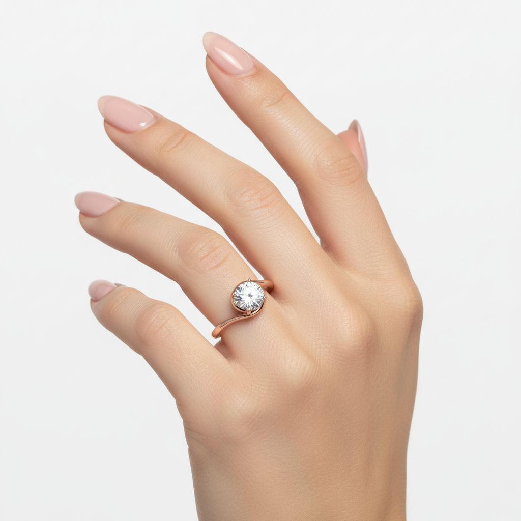 Female model wearing delicate rose gold solitaire diamond ring