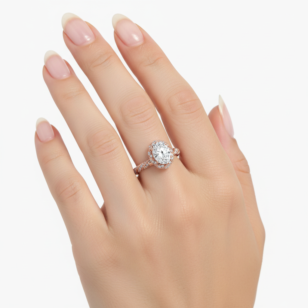 Female model wearing delicate rose gold twisted pavé halo diamond ring