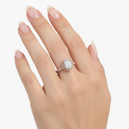 Female model wearing delicate rose gold twisted pavé halo diamond ring