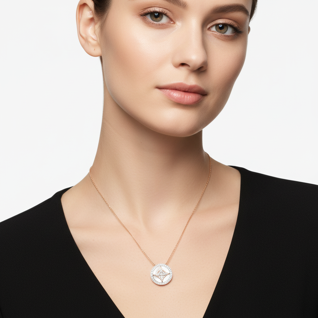 Female model wearing delicate two-tone gold compass star diamond pendant