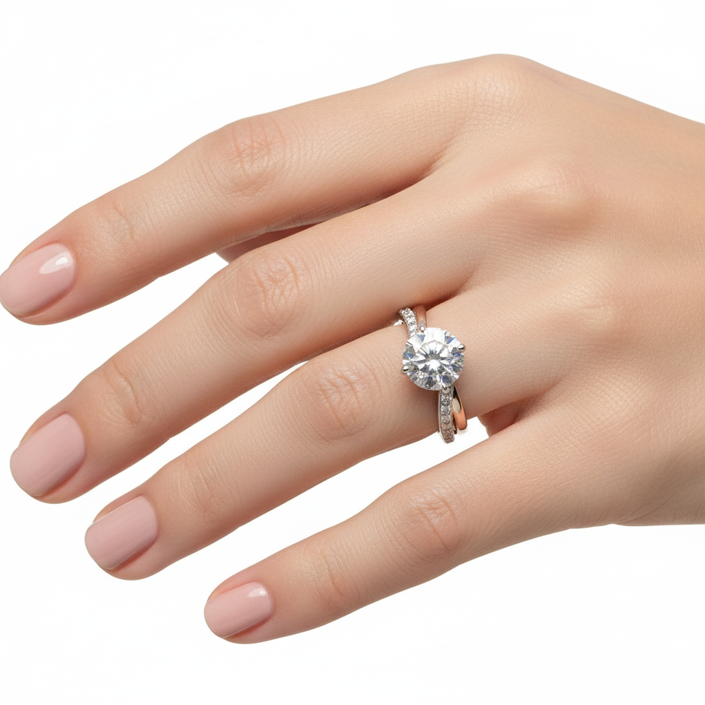 Female model wearing delicate two-tone gold twisted solitaire diamond ring