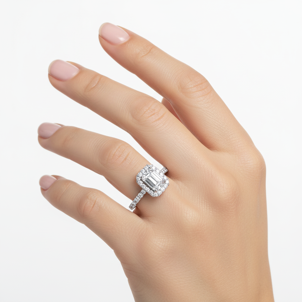 Female model wearing delicate white gold emerald-cut diamond halo ring