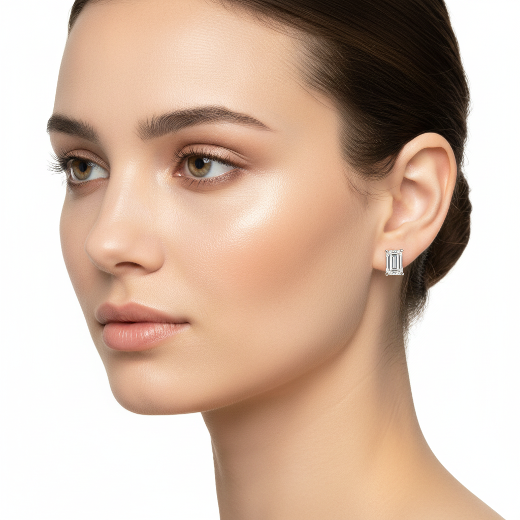 Female model wearing delicate white gold emerald-cut diamond stud earrings