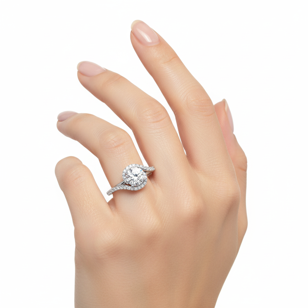Female model wearing delicate white gold halo diamond ring