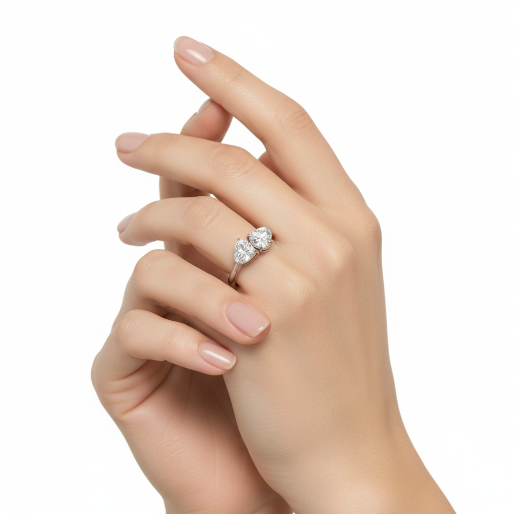 Female model wearing delicate white gold heart-shaped diamond ring