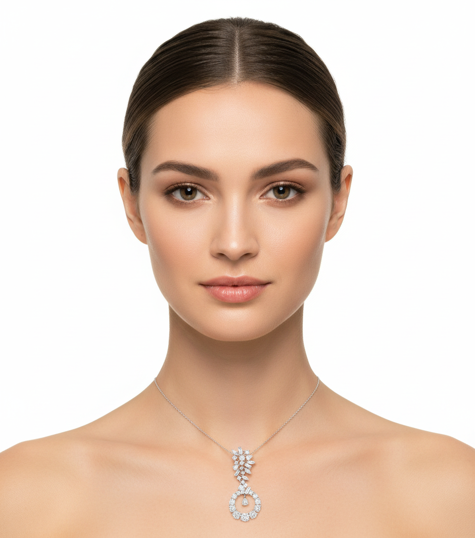 Female model wearing delicate white gold mixed-cut diamond pendant