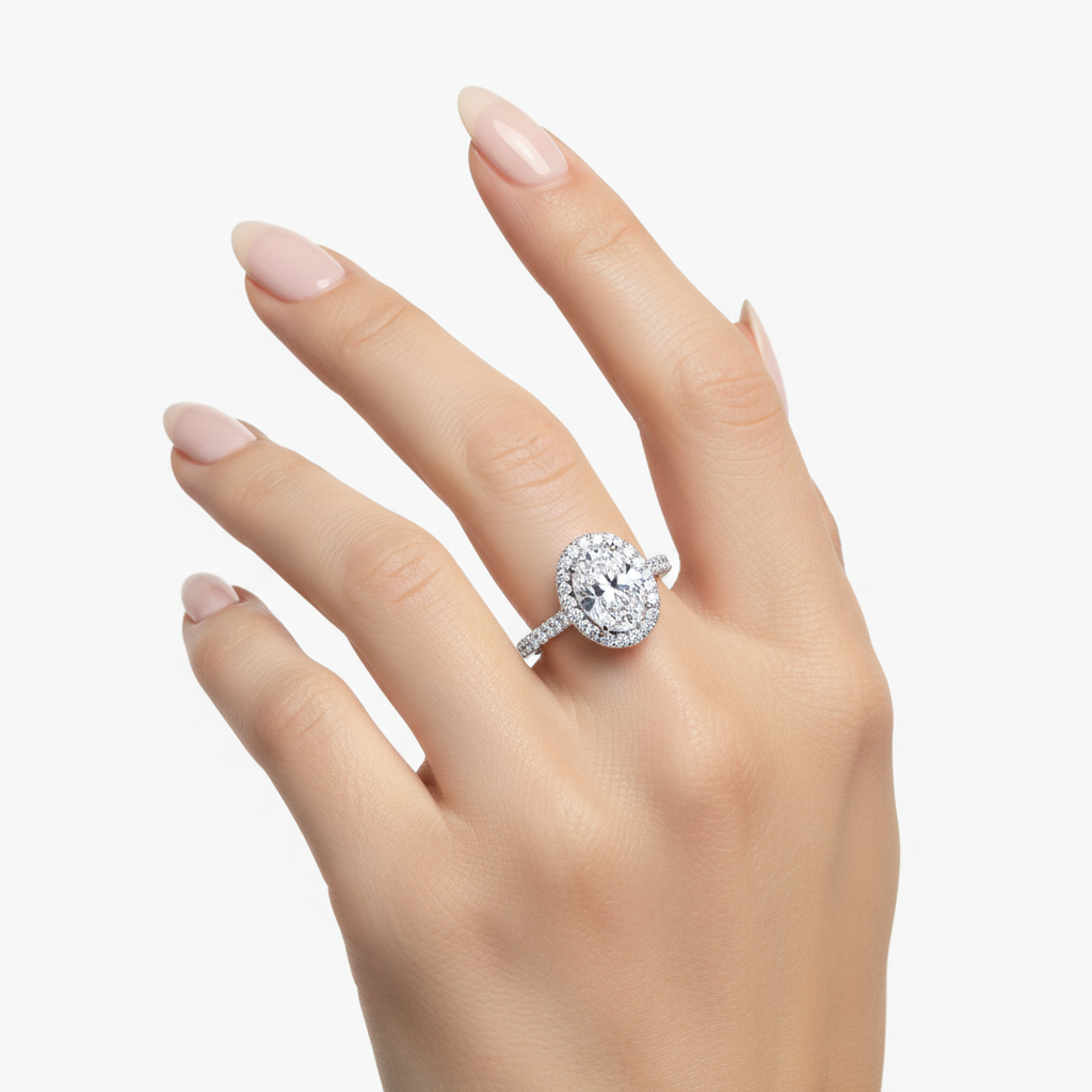 Female model wearing delicate white gold oval diamond halo ring