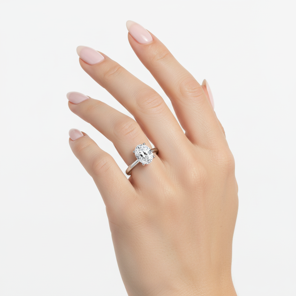 Female model wearing delicate white gold oval diamond solitaire ring