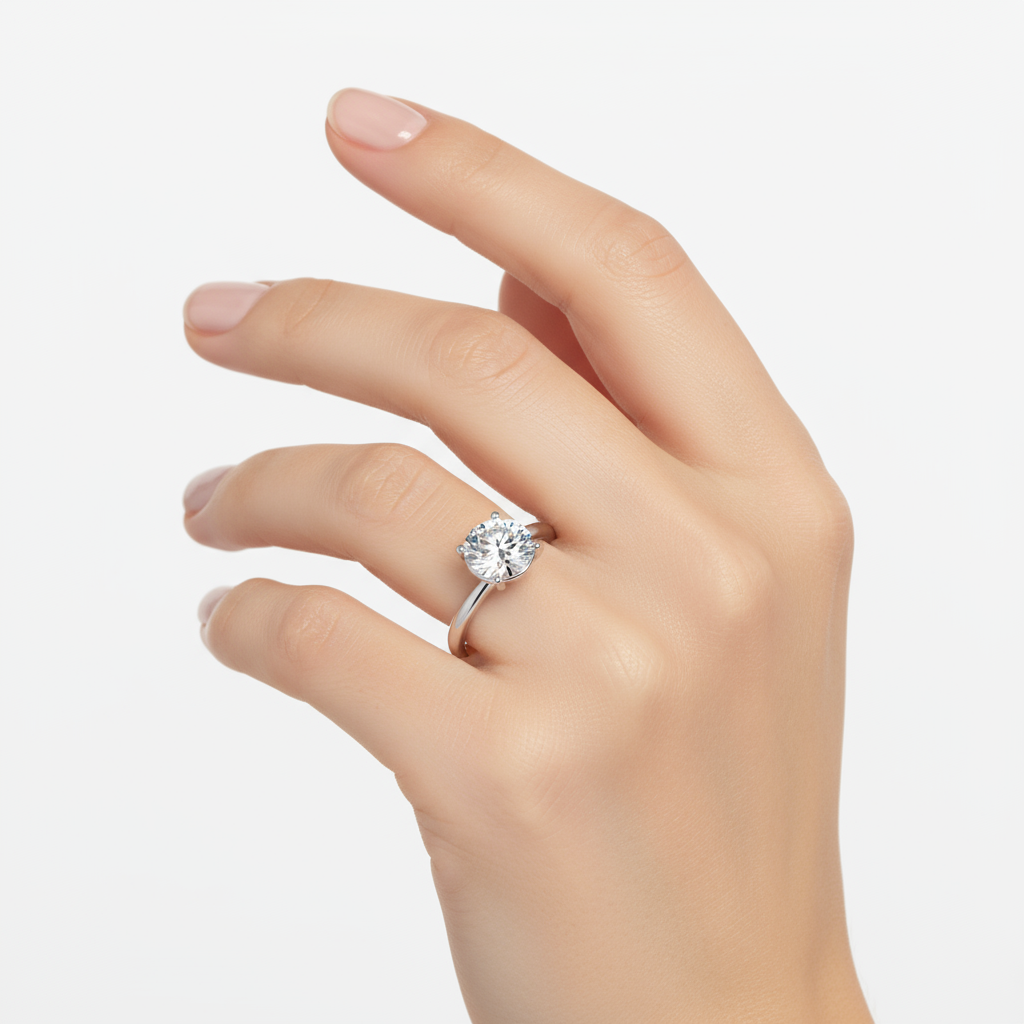 Female model wearing delicate white gold round brilliant diamond solitaire ring