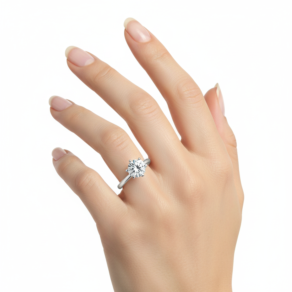 Female model wearing delicate white gold round brilliant diamond solitaire ring