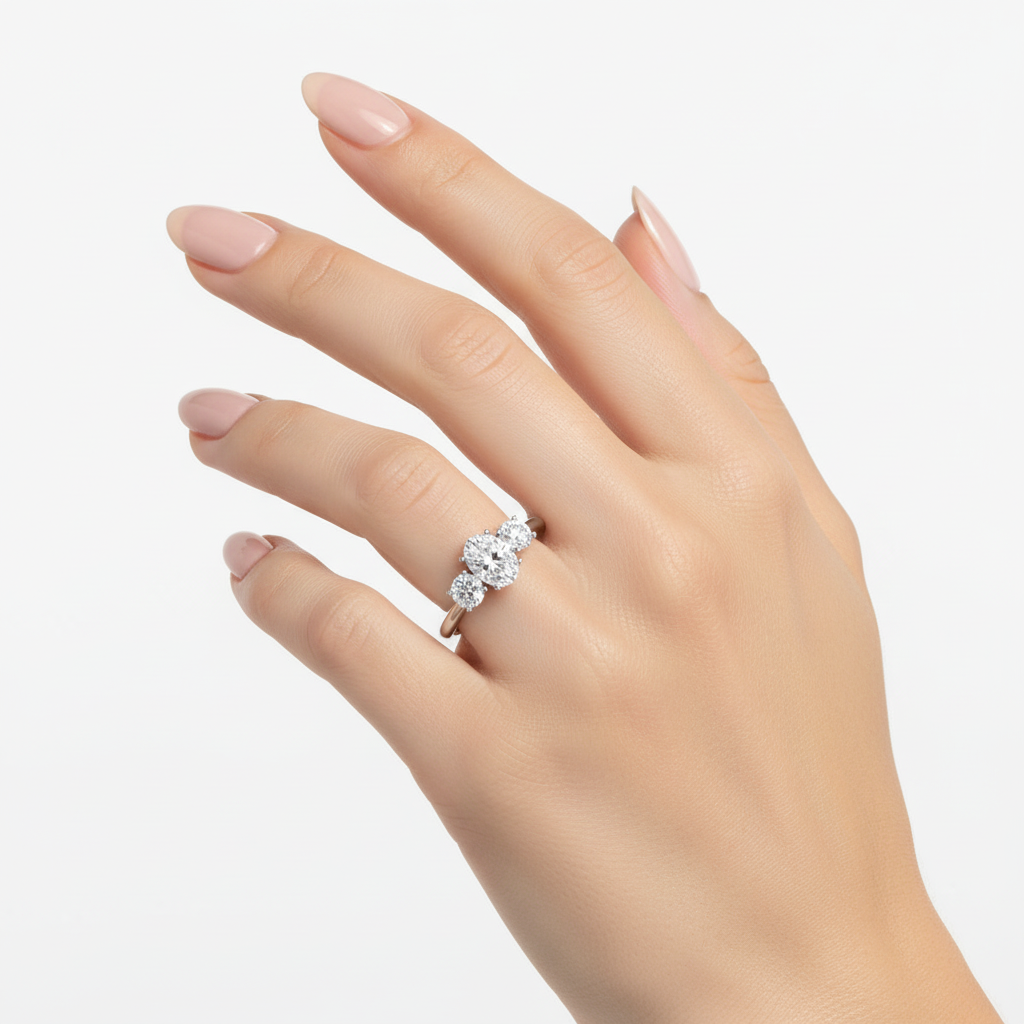 Female model wearing delicate white gold three-stone diamond ring
