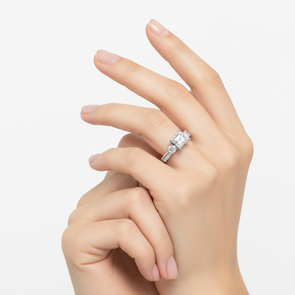 Female model wearing delicate white gold three-stone diamond ring