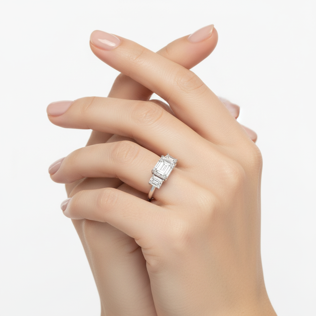 Female model wearing delicate white gold three-stone emerald-cut diamond ring