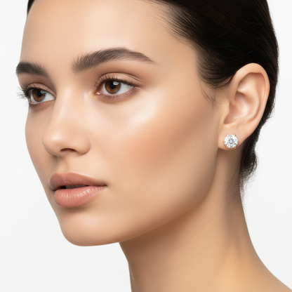 Female model wearing delicate yellow gold diamond stud earrings