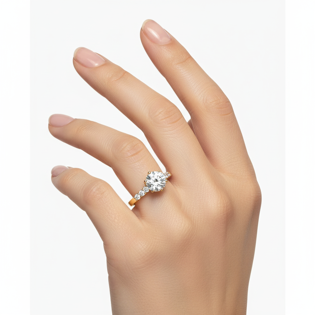 Female model wearing delicate yellow gold engagement ring with graduated diamonds