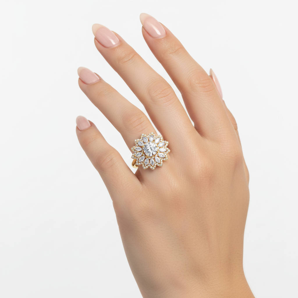 Female model wearing delicate yellow gold floral diamond cocktail ring