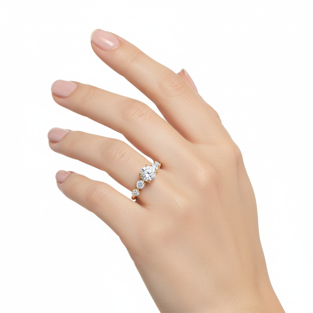 Female model wearing delicate yellow gold seven-stone diamond ring