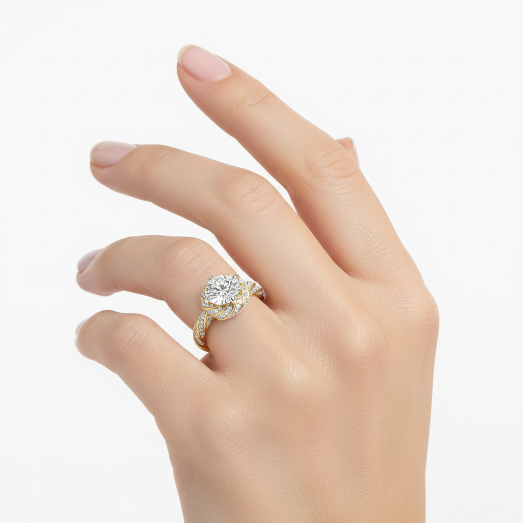 Female model wearing delicate yellow gold twisted pavé diamond ring