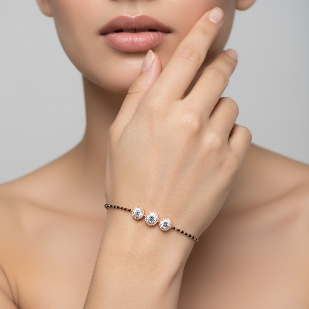 Female model wearing diamond and black bead bracelet