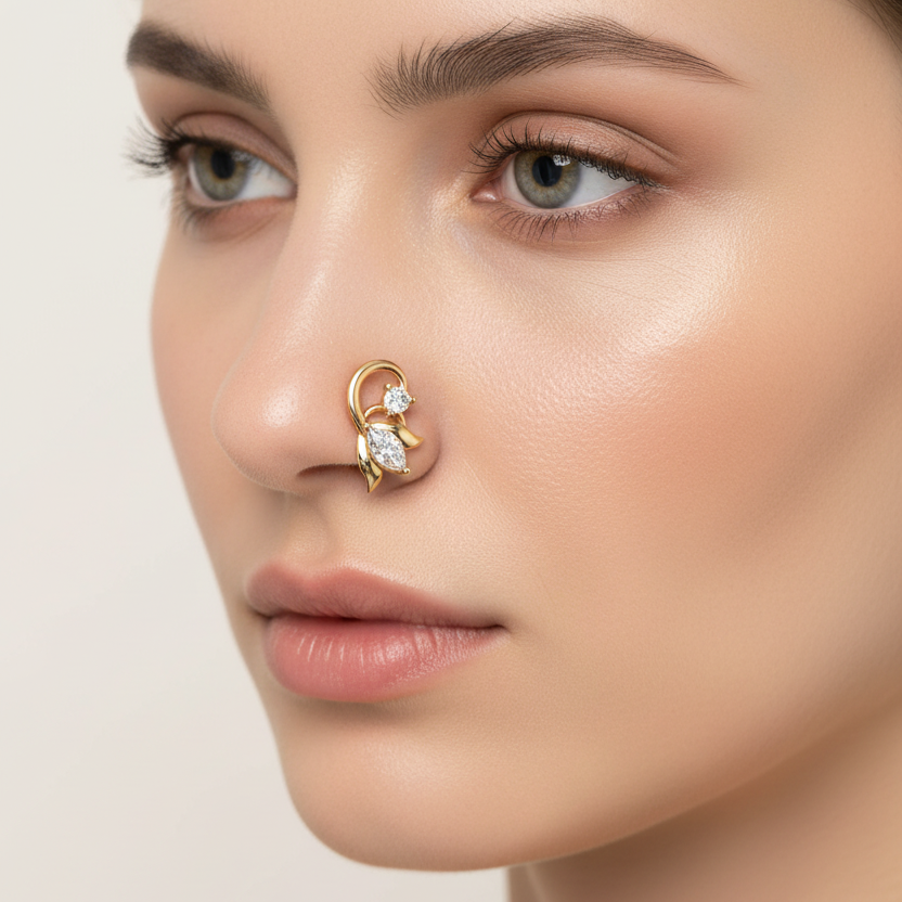 Female model wearing diamond arc nose pin