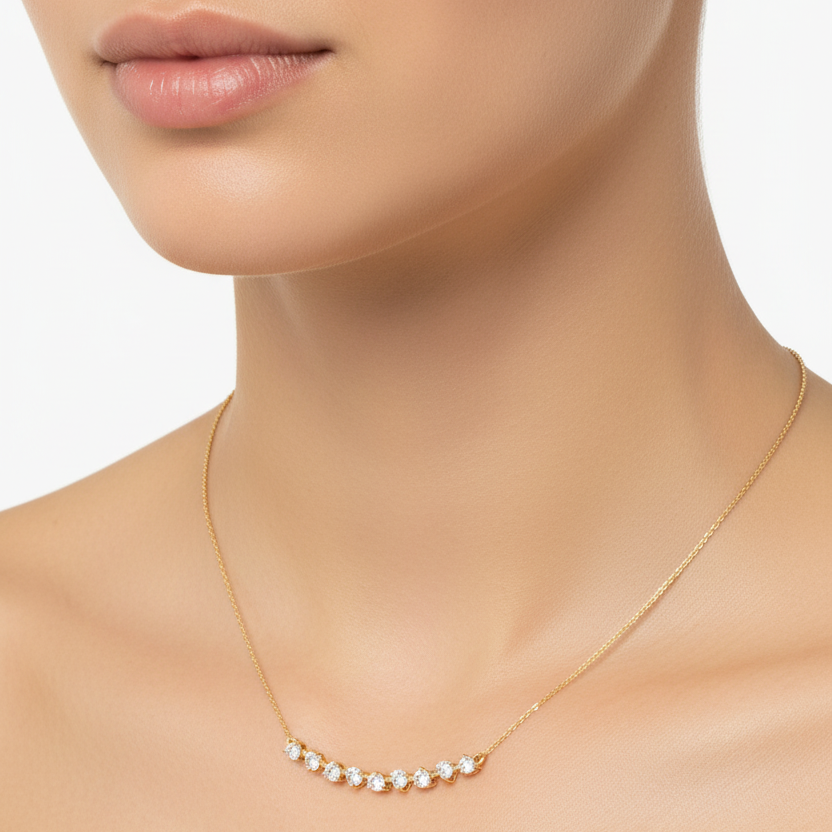 Female model wearing diamond bar necklace