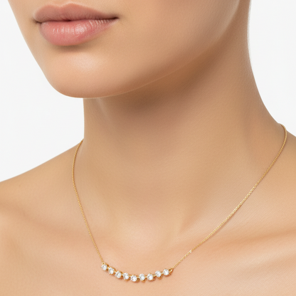 Female model wearing diamond bar necklace