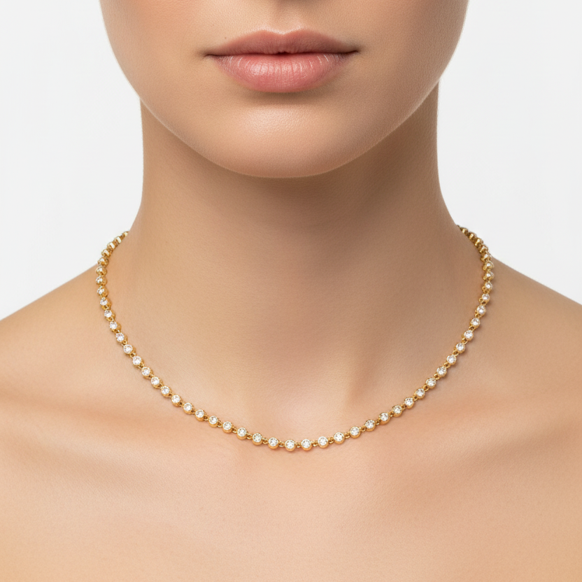 Female model wearing diamond bezel necklace