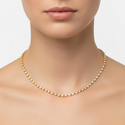 Female model wearing diamond bezel necklace