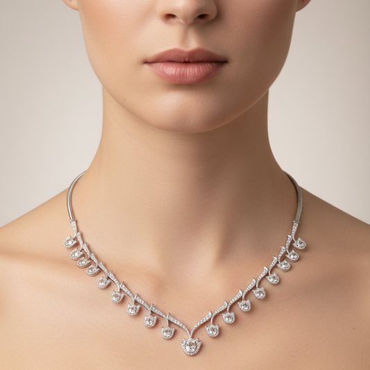 Female model wearing diamond branch fringe necklace