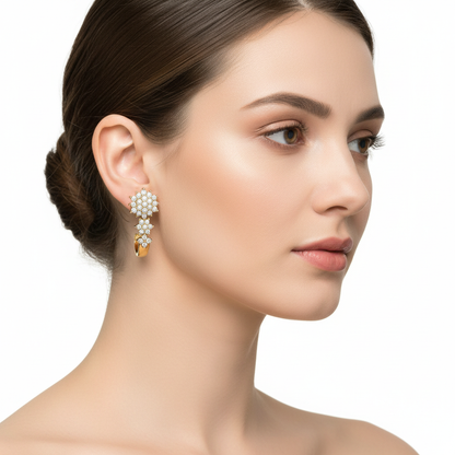 Female Model Wearing Diamond Cluster Hoop Earrings Small Size