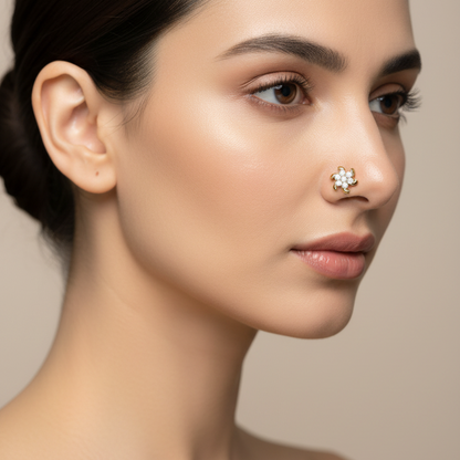 Female model wearing diamond cluster nose pin