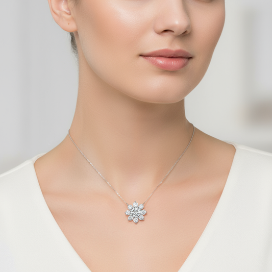 Female model wearing diamond cluster pendant