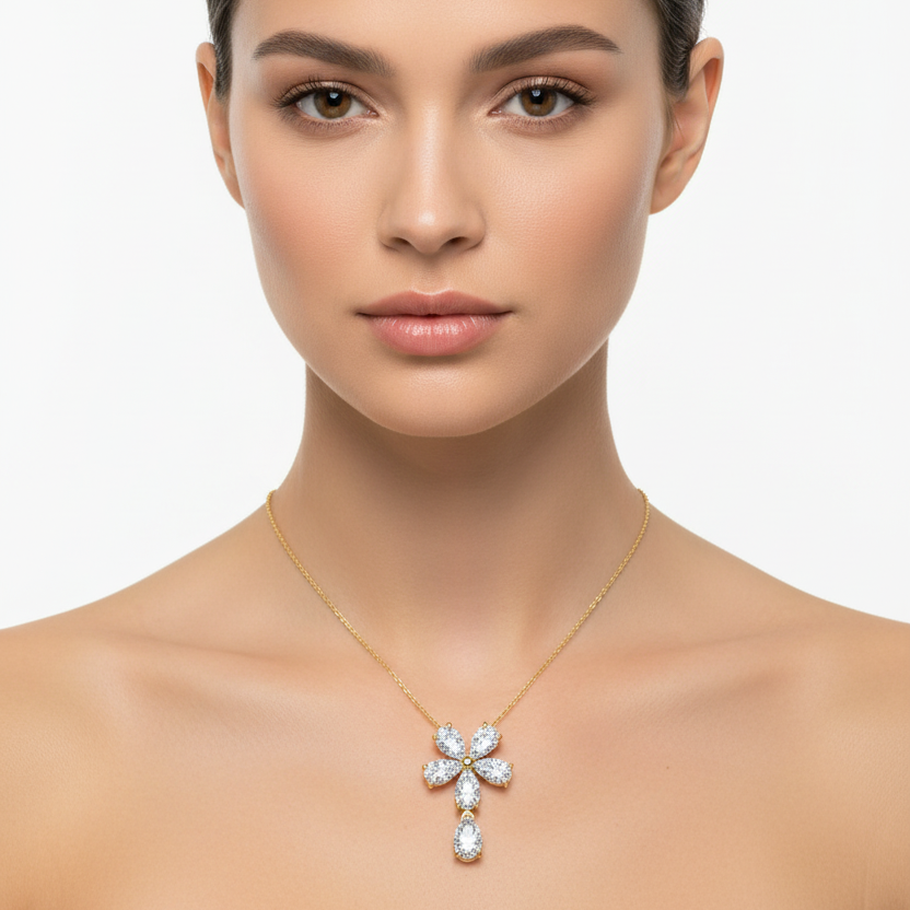Female model wearing diamond cross pendant