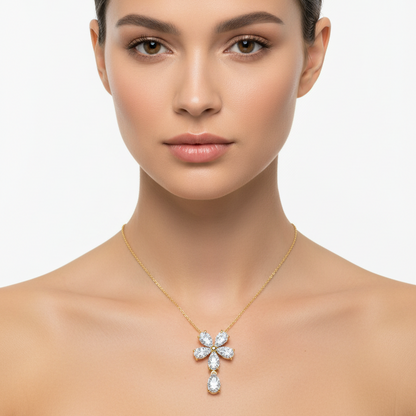 Female model wearing diamond cross pendant