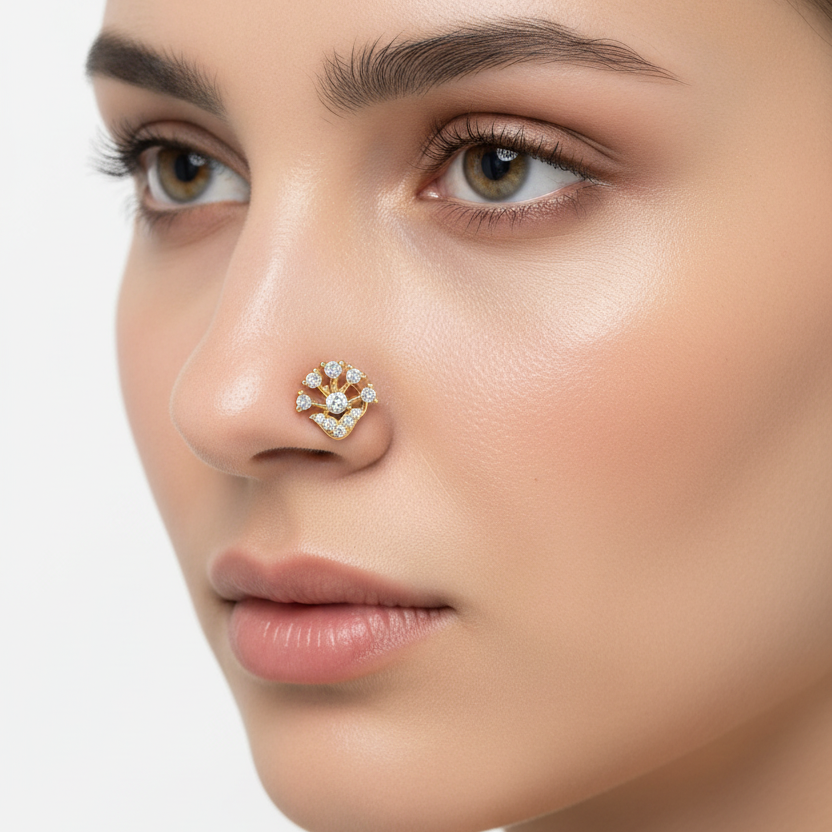 Female model wearing diamond crown nose pin