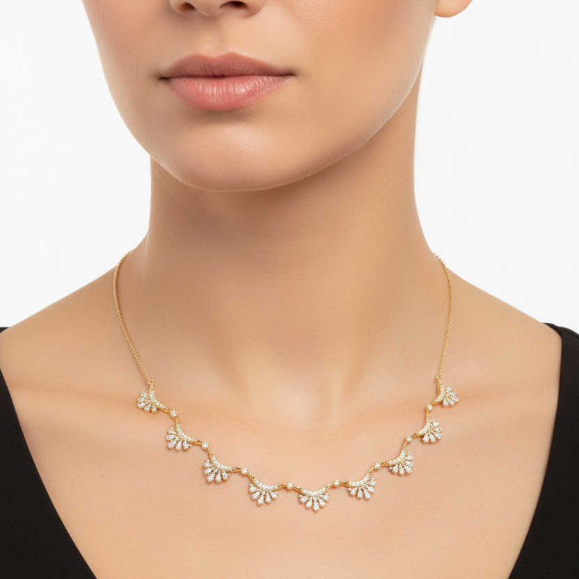 Female model wearing diamond fan necklace