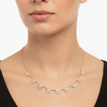 Female model wearing diamond fan necklace