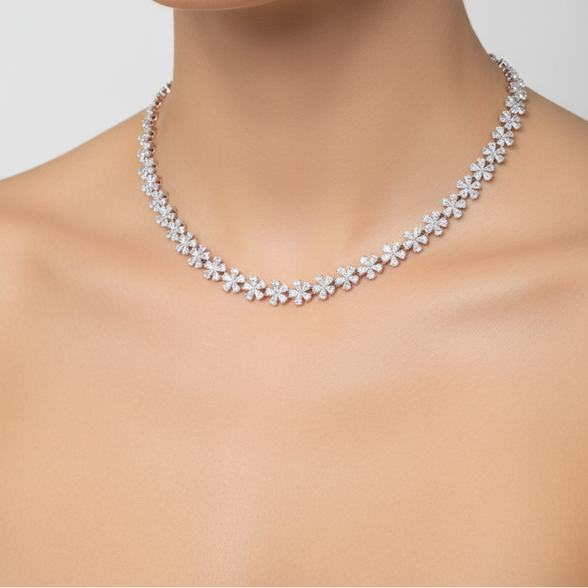 Female model wearing diamond floral necklace