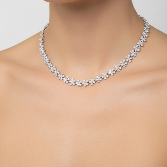 Female model wearing diamond floral necklace