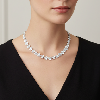 Female model wearing diamond floral necklace