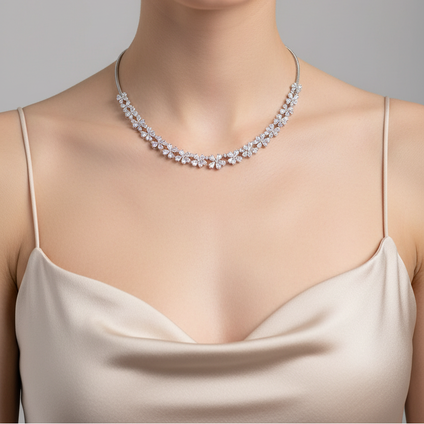 Female model wearing diamond floral necklace
