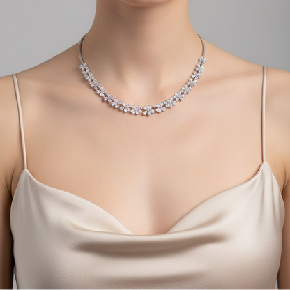 Female model wearing diamond floral necklace