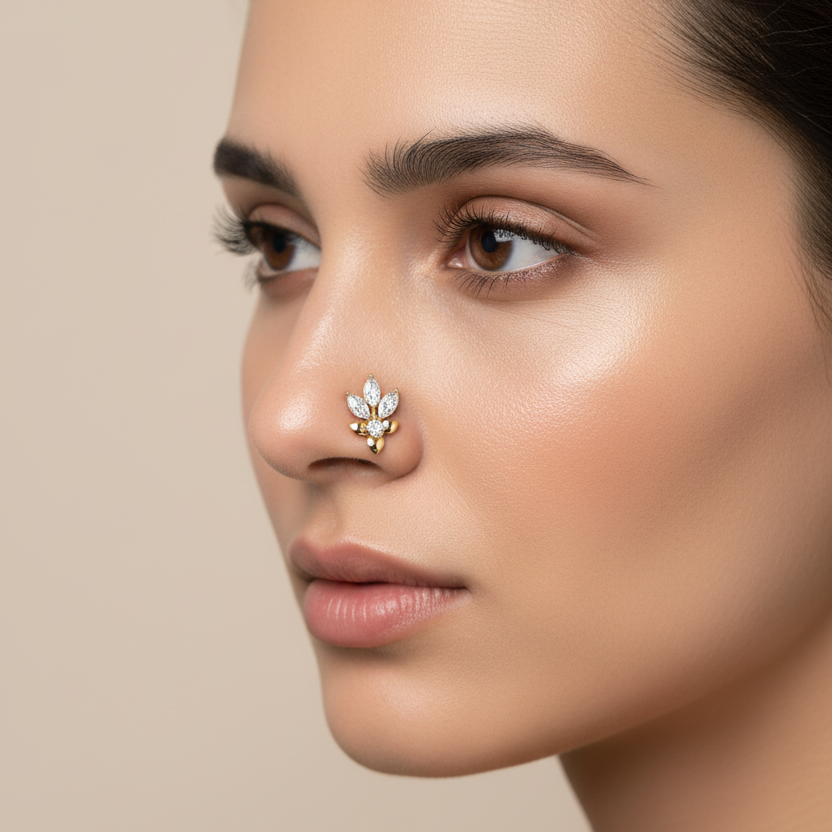 Female model wearing diamond floral nose pin