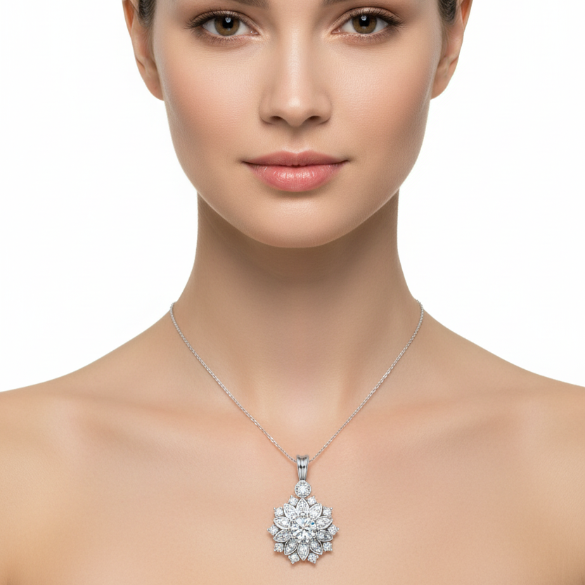 Female model wearing diamond floral pendant