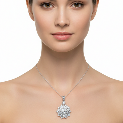 Female model wearing diamond floral pendant
