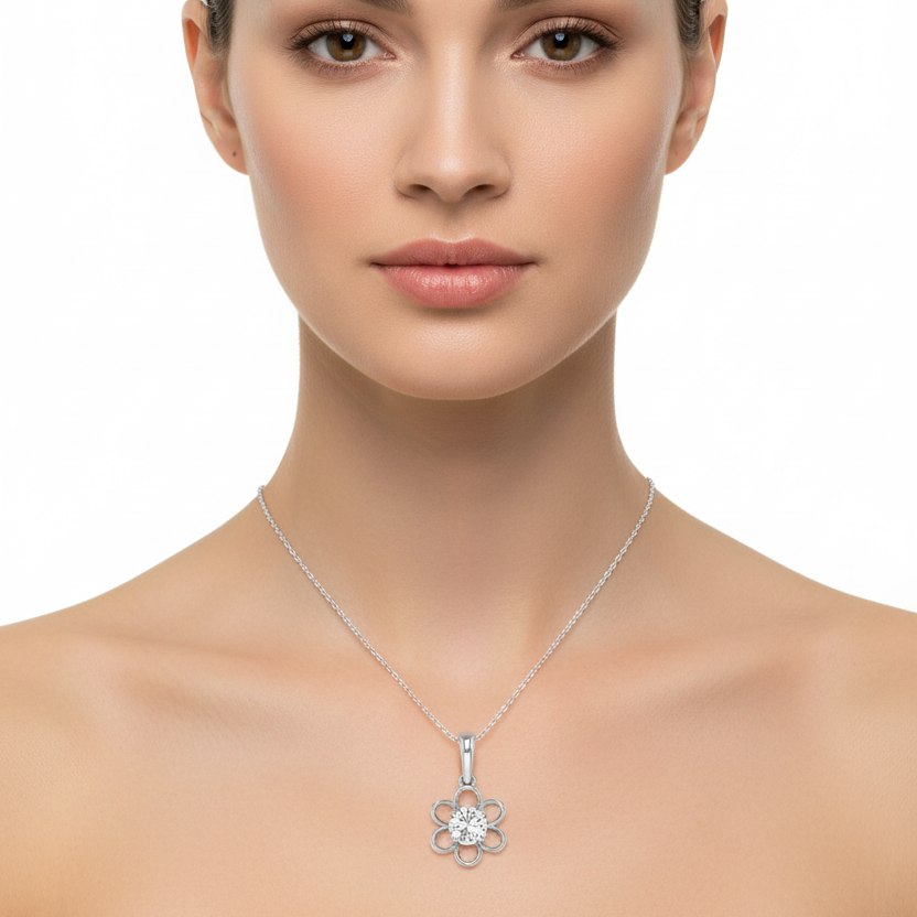 Female model wearing diamond floral pendant