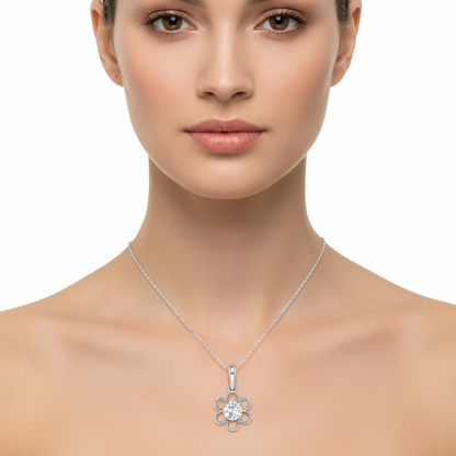 Female model wearing diamond floral pendant