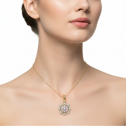 Female model wearing diamond floral pendant